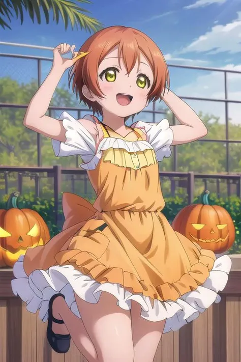 masterpiece, best quality,ultra detail,<lora:anmnr01:0.3> <lora:add_detail:0.4>,<lora:GoodHands-vanilla:0.6>,girl,happy,smile,blanket,rin hoshizora <lora:rin-lovelive:0.7>,outdoor fence,plant,jumping,open mouth,pumpkin dress