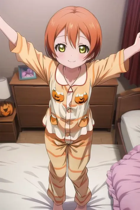 masterpiece, best quality,ultra detail,<lora:anmnr01:0.3> <lora:add_detail:0.4>,<lora:GoodHands-vanilla:0.6>,girl,petite,close up,from above,happy,smile,rin hoshizora <lora:rin-lovelive:0.7> bedroom,(fulffy pumpkin pajamas)dynamic pose,open mouth
