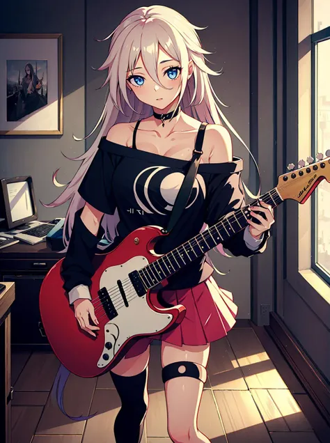 ((masterpiece,best quality)), highres, 1girl, IA, single thighhigh, off-shoulder shirt, holding guitar, indoors,, ((masterpiece,best quality)), highres, 1girl,
