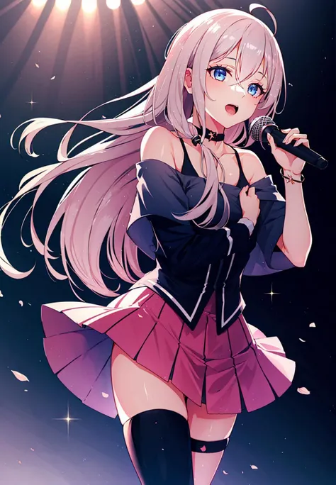 best quality, masterpiece, <lora:sakura_miku-10:NUM>,sakuramikuv1, stage, stage lights, singing, microphone,