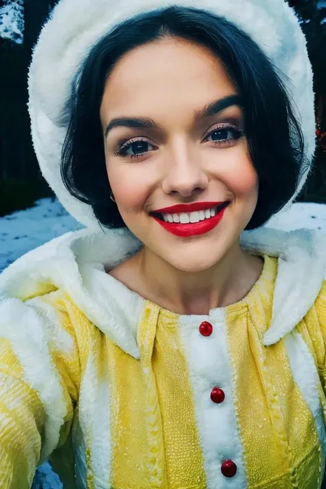 close up shot, realistic photo of a woman dressed as Snow White, blue, white, yellow, red, happy, smiling, stunny and brave, ready to fight the patriarchy, highly detailed, 8k, photorealistic, flash lighting, candid, <lora:more_details:0.1>, <lora:Rachel_Zegler_512x768:0.7> <lora:snow_white_v11:0.5>