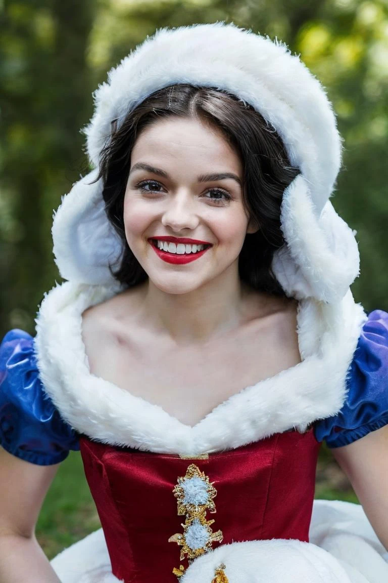 close up shot, realistic photo of a woman dressed as Snow White, blue, white, yellow, red, happy, smiling, stunny and brave, ready to fight the patriarchy, highly detailed, 8k, photorealistic, flash lighting, candid, <lora:more_details:0.1>, <lora:Rachel_Zegler_512x768:0.7> <lora:snow_white_v11:0.5>
