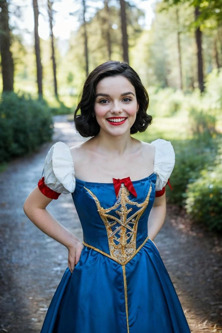 close up shot, realistic photo of a woman dressed as Snow White, blue, white, yellow, red, happy, smiling, stunny and brave, ready to fight the patriarchy, highly detailed, 8k, photorealistic, flash lighting, candid, <lora:more_details:0.1>, <lora:Rachel_Zegler_512x768:0.7> <lora:snow_white_v11:0.5>