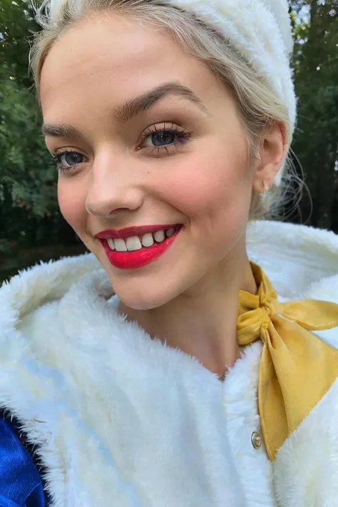 close up shot, realistic photo of a woman dressed as Snow White, blue, white, yellow, red, happy, smiling, stunny and brave, ready to fight the patriarchy, highly detailed, 8k, photorealistic, flash lighting, candid, <lora:more_details:0.1>, <lora:Rachel_Zegler_512x768:0.7> <lora:snow_white_v11:0.5>