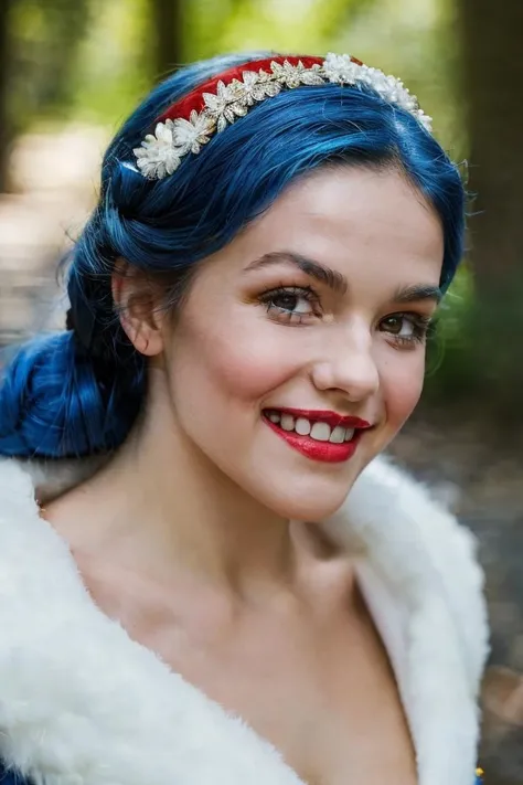 close up shot, realistic photo of a woman dressed as Snow White, blue, white, yellow, red, happy, smiling, stunny and brave, ready to fight the patriarchy, highly detailed, 8k, photorealistic, flash lighting, candid, <lora:more_details:0.1>, <lora:Rachel_Zegler_512x768:0.7> <lora:snow_white_v11:0.5>