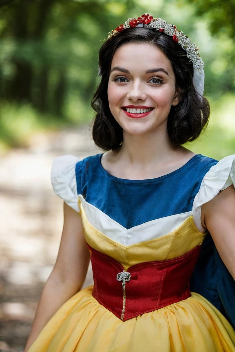 close up shot, realistic photo of a woman dressed as Snow White, blue, white, yellow, red, happy, smiling, stunny and brave, ready to fight the patriarchy, highly detailed, 8k, photorealistic, flash lighting, candid, <lora:more_details:0.1>, <lora:Rachel_Zegler_512x768:0.7> <lora:snow_white_v11:0.5>
