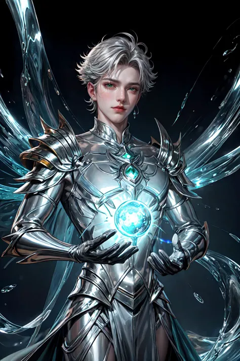 (best quality), ((masterpiece)), (highres), illustration, original, extremely detailed, a draw of masterpiece, best quality, 1 boy, adult (elven:0.7) man, green eyes, gray short hair, (style-swirlmagic:0.8), solo, (full body:0.6), looking down, detailed background, detailed face, fairytaleai, fairytale theme:1.1), mercury-sorcerer, stoic, surrounded by splashes of shining silver, silver (armor:0.8), alchemical imagery, harnessing mercury, fluid mercury, heavy metallic liquid, silver-colored fluid, mercury transformation, shiny, dynamic pose, fluid movement, floating particles, drops of mercury, flowing metal, quicksilver symphony, reflecting lights in background, crystallized mercury formations, cinematic lighting, cinematic atmosphere, 
<lora:add_detail:1.1>, <lora:short_hair:0.4>,