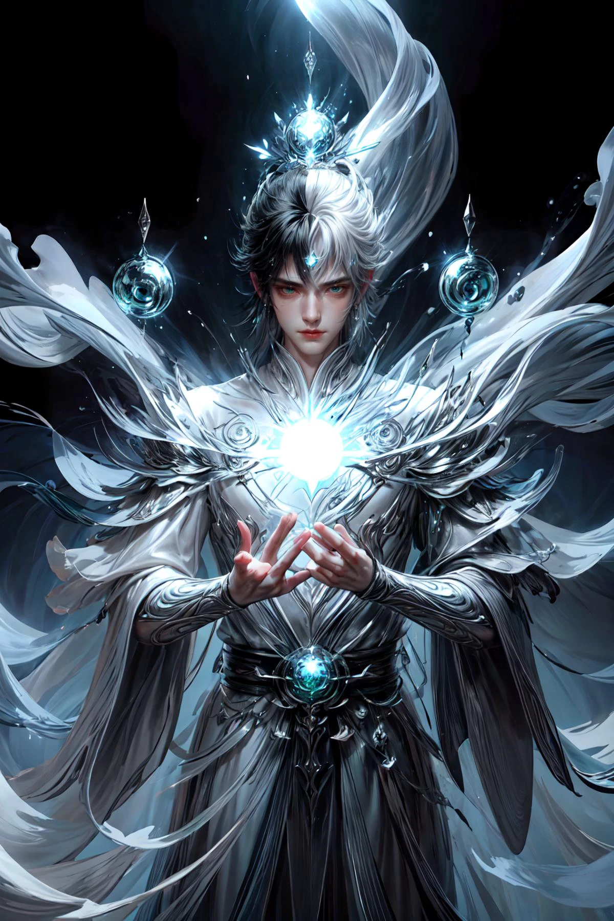 (best quality), ((masterpiece)), (highres), illustration, original, extremely detailed, a draw of masterpiece, best quality, 1 boy, adult (elven:0.7) man, green eyes, gray short hair, (style-swirlmagic:0.8), solo, (full body:0.6), looking down, detailed background, detailed face, fairytaleai, fairytale theme:1.1), mercury-sorcerer, stoic, surrounded by splashes of shining silver, silver (armor:0.8), alchemical imagery, harnessing mercury, fluid mercury, heavy metallic liquid, silver-colored fluid, mercury transformation, shiny, dynamic pose, fluid movement, floating particles, drops of mercury, flowing metal, quicksilver symphony, reflecting lights in background, crystallized mercury formations, cinematic lighting, cinematic atmosphere,
<lora:add_detail:1.1>, <lora:short_hair:0.4>, wabstyle, glowing, two-tone hair, fog, mist, white, black, split theme, two-tone, sun, moon, <lora:wabstyle:0.9>,