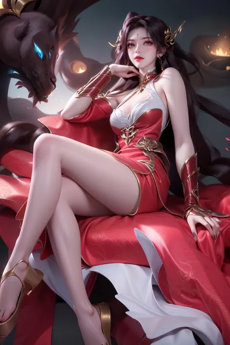 Original,very detailed wallpaper,very detailed illustrations,(1 Girl),fantasy background,perfect female body,beautiful eyes,fullbody,sitting,looming legs,(delicate face),(seductive expression),goddess,red clothes,1girl,looking down,hair ornament,long hair,solo,brown hair,pink dress,white background,bare shoulders,chinese clothes,brown eyes,flower,smile,cowboy shot,blossom,(shiny skin),(best lighting),(super-complex detail),4K Unity,(super-detailed CG:1.2),(8K:1.2),octane rendering,Dynamic,floating,luminous,League of Legends original painting,wide-angle viewing angle:2,<lora:huolinger_adults_v2:0.3>,