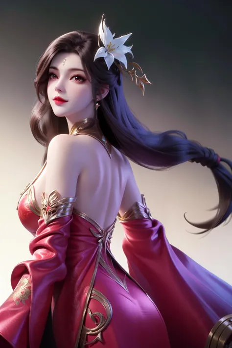 Original,very detailed wallpaper,very detailed illustrations,(1 Girl),on dragon,perfect female body,beautiful eyes,(delicate face),(seductive expression),goddess,red clothes,1girl,hair ornament,long hair,solo,brown hair,looking back,pink dress,white background,bare shoulders,chinese clothes,brown eyes,flower,smile,cowboy shot,blossom,(shiny skin),(best lighting),(super-complex detail),4K Unity,(super-detailed CG:1.2),(8K:1.2),octane rendering,Dynamic,floating,luminous,League of Legends original painting,wide-angle viewing angle:2,<lora:huolinger_adults_v2:0.3>,