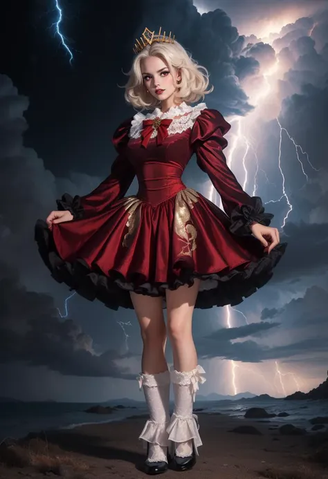 adult beautiful woman, tall, high quality, best quality, highres, high detail, shadows above,depth of field,   <lora:CVD-44:0.8>  dr3ss, (powerful storm queen), ((black satin applique ballgown, gold crimson trim)),dominant, mysterious, evil,sinister, gothic, (((arc lightning starmetal glowing headress tiara))), high contrast lighting, matte black, crimson red eyes, fantasy, high quality, digital art,,   dress, ,skirt,  bow, ribbon, chest jewel, long sleeves, standing, rim lighting, (full body), white socks, standing,