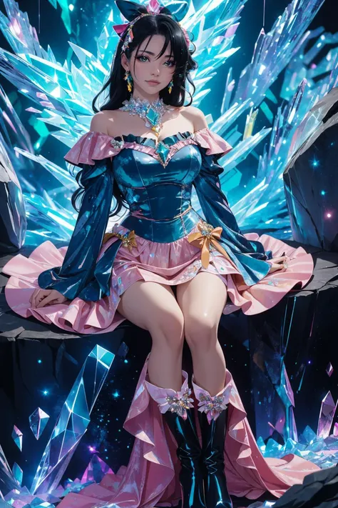 (by Chiho Aoshima:1.3), sitting on a rocky overlook, canyon, wooded trail, full body, eyeliner, (long black hair), curvy, wearing dr3ss, dress, blue crushed velvet, skirt, bow, ribbon, chest jewel, long sleeves, red high heel boots, <lora:Outfit_soph-CrushedVelvetDress:0.8>, dr3ss, (red, orange, yellow, pink, Latex glitch emerald crystal dress), emerald crystal bodice, form-fitting, corruption, jewelry, choker, full length skirt, frills, off shoulder, sleeves, <lora:Outfit_soph-GlitchDress-Fixed:0.7>, glitch sky