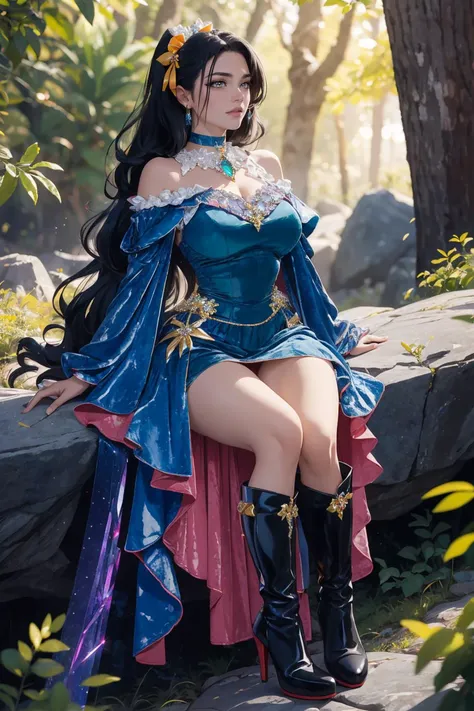 (by Akio Sugino:1.3), sitting on a rocky overlook, canyon, wooded trail, full body, eyeliner, (long black hair), curvy, wearing dr3ss, dress, blue crushed velvet, skirt, bow, ribbon, chest jewel, long sleeves, red high heel boots, <lora:Outfit_soph-CrushedVelvetDress:0.8>, dr3ss, (red, orange, yellow, pink, Latex glitch emerald crystal dress), emerald crystal bodice, form-fitting, corruption, jewelry, choker, full length skirt, frills, off shoulder, sleeves, <lora:Outfit_soph-GlitchDress-Fixed:0.5>