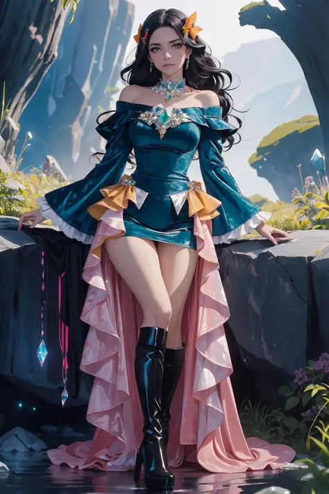 (by Leiji Matsumoto:1.3), sitting on a rocky overlook, canyon, wooded trail, full body, eyeliner, (long black hair), curvy, wearing dr3ss, dress, blue crushed velvet, skirt, bow, ribbon, chest jewel, long sleeves, red high heel boots, <lora:Outfit_soph-CrushedVelvetDress:0.8>, dr3ss, (red, orange, yellow, pink, Latex glitch emerald crystal dress), emerald crystal bodice, form-fitting, corruption, jewelry, choker, full length skirt, frills, off shoulder, sleeves, <lora:Outfit_soph-GlitchDress-Fixed:0.5>