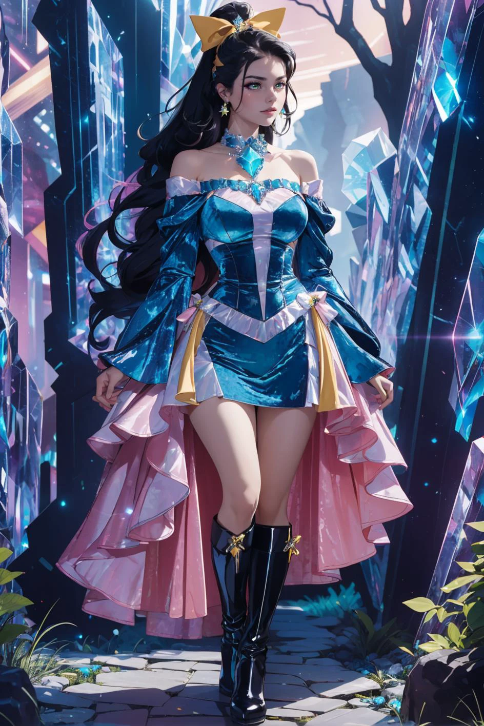 (by YÅichi Kotabe:1.3), sitting on a rocky overlook, canyon, wooded trail, full body, eyeliner, (long black hair), curvy, wearing dr3ss, dress, blue crushed velvet, skirt, bow, ribbon, chest jewel, long sleeves, red high heel boots, <lora:Outfit_soph-CrushedVelvetDress:0.8>, dr3ss, (red, orange, yellow, pink, Latex glitch emerald crystal dress), emerald crystal bodice, form-fitting, corruption, jewelry, choker, full length skirt, frills, off shoulder, sleeves, <lora:Outfit_soph-GlitchDress-Fixed:0.7>, glitch sky