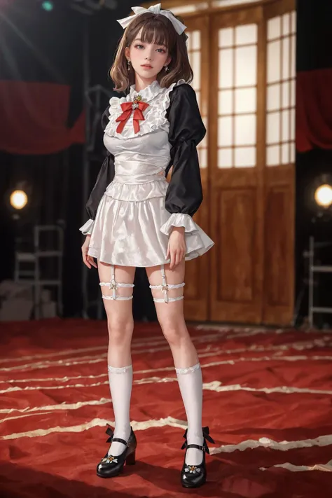 highres,absurdres,masterpiece,best quality,original,extremely detailed CG,extremely detailed wallpaper,perfect lighting,looking at viewer,bare hands,standing on stage,1girl,blurry background,
<lora:Outfit_soph-CrushedVelvetDress:0.7>, dr3ss,dress,crushed velvet,skirt,bow,ribbon,chest jewel,long sleeves,white socks,black mary jane shoes,