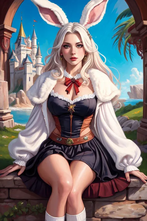 (Fran from FF12:1.4) (Viera:1.5) Aleksi-Briclot (brown-fur) (Final-Fantasy-12-inspired) (concept-art:1.43) (epic-fantasy-art:1.4) (crazy-long-hair:1.5) medium-breasts (white-hair:1.2) (fantasy-castle-background:1.29) (masterpiece:1.32) (absurdres:1.41) (max-detail:1.33) (best quality:1.39) (picturesque:1.3) (idealistic:1.4) (maximalist:1.3) (stunning-environment:1.2) (skilled:1.3) (irresistible:1.4) <lora:Outfit_soph-CrushedVelvetDress:0.75> dr3ss, black dress, crushed velvet, skirt, bow, ribbon, chest jewel, long sleeves, white socks, black mary jane shoes