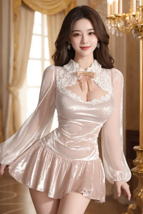 <lora:Outfit_soph-CrushedVelvetDress:0.7>, dr3ss, best quality, masterpiece, illustration, realistic, photo-realistic, amazing, finely detail, incredibly absurdres, huge filesize, ultra-detailed, highres, extremely detailed CG unity 8k wallpaper, nsfw, nude, A young Korean woman wearing a sheer dress made of crushed velvet, with a skirt, bow, ribbon, and chest jewel. The dress has long sleeves, and the chest and sides are cut out and made of transparent tulle. The skirt is extremely short and puffy, barely covering her hips, and the woman is standing in a lavish, opulent European-style palace with a reflective marble floor, gilded chandeliers, and ornate tapestries. She has long, wavy brown hair styled in a half-up, half-down style, and her makeup is playful and alluring. She exudes an air of innocence and sweetness, but there is also a undeniable sensuality in her curves and her teasing smile.