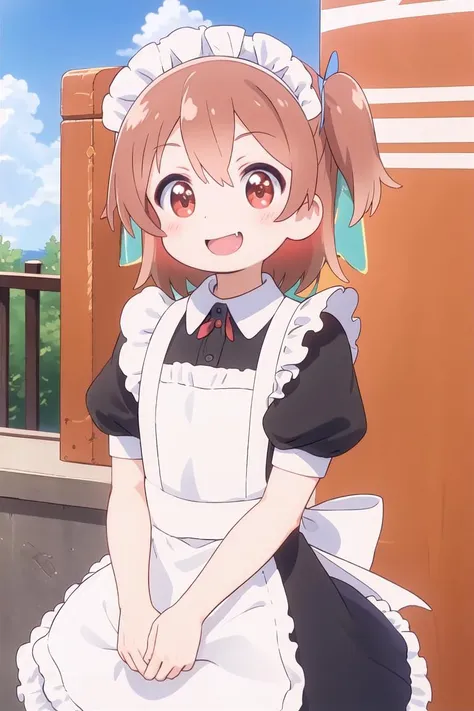 1girl, watahinata, smile, blush, one side up, fang,
maid,
outdoors, sky, sun, cloud
<lora:Wataten_Hinata-v0701:1>