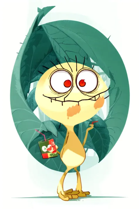 <lora:Cheese:1> Cheese Go Home! OKAY!, constricted pupils, bird, mouth open, drinking straw, food, fruit, holding, no humans, pokemon (creature), red eyes, solo, surprised, tongue, wide-eyed