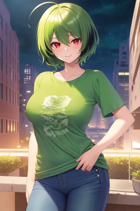 best quality,highly detailed,ultra-detailed,masterpiece,illustration,beautiful detailed eyes, Anime, Moe,game cg,(((illustration))), solo, 1girl,
((red eyes)),(((green hair))),((((very short hair)))),long ahoge, ((((asymmetrical flipped hair)))),((seductive smile)), spiked bangs,(((asymmetrical hair))),(white skin), (((shiny skin))),((perky breasts)), large breasts, light blush,
((((green t-shirt)))), ((half-jean)), (((night))),high-rise building,