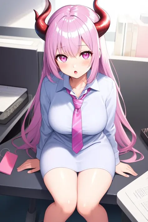 best quality,highly detailed,ultra-detailed,masterpiece,illustration,beautiful detailed eyes, Anime, Moe,(((illustration))), (((solo))), ((1girl)),(oppai 3.0),(loli,female child, children body, ((toddler body)),  ((Succubus)), ((hotpink eyes)),(((lilac hair))),[long hair],[[[wavy hair]]],(((shiny skin))), [[large breasts]], light blush, ((antelope horns)), (((office lady))),necktie,