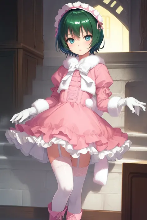 best quality,highly detailed,ultra-detailed,masterpiece,illustration,beautiful detailed eyes, Anime, Moe,(((illustration))), (((solo))), ((1boy)), children body, toddler body, Futanari, Otoko no Ko, ((Incubus)),
((deepblue eyes)),(((darkgreen hair))),((((very short hair)))),[[white skin]],(((shiny skin))), ((flat chest)), light blush,
scarf, fur trim, ((Sweet ta)),ballgown, puffy sleeves,(((pink dress))),(crinoline dress), garter belt, stripe thighhighs, ankle boots, gloves,