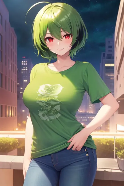 best quality,highly detailed,ultra-detailed,masterpiece,illustration,beautiful detailed eyes, Anime, Moe,game cg,(((illustration))), solo, 1girl,
((red eyes)),(((green hair))),((((very short hair)))),long ahoge, ((((asymmetrical flipped hair)))),((seductive smile)), spiked bangs,(((asymmetrical hair))),(white skin), (((shiny skin))),((perky breasts)), large breasts, light blush,
((((green t-shirt)))), ((half-jean)), (((night))),high-rise building,