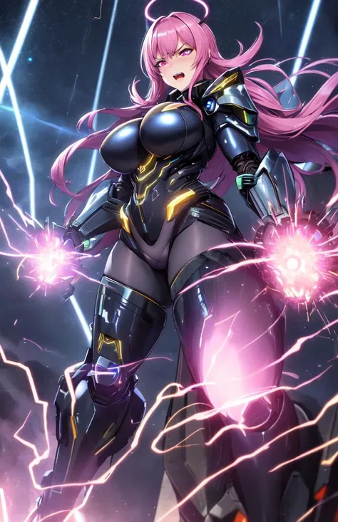surreal, hyper realistic, HDR, 1girl, solo, futuristic, ht time, (massive ass), wide hips, ((((thick thighs)))), ((((pantyhose)))), black mech suit, blue armor, ((big mechanical arms with claws)), (gold halo), (((blue jacket))), ((evil laugh and angry expression)), (apocalyptic sky), lightning, dark background, ((caret haircut), short (pink hair)), ((((pink glowing eyes)))), full body view, standing straight, ((spread legs)), mechanical legs, robot feet, relaxed, robotic accessories