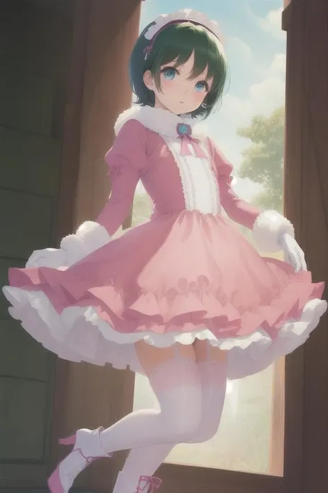 best quality,highly detailed,ultra-detailed,masterpiece,illustration,beautiful detailed eyes, Anime, Moe,(((illustration))), (((solo))), ((1boy)), children body, toddler body, Futanari, Otoko no Ko, ((Incubus)),
((deepblue eyes)),(((darkgreen hair))),((((very short hair)))),[[white skin]],(((shiny skin))), ((flat chest)), light blush,
scarf, fur trim, ((Sweet ta)),ballgown, puffy sleeves,(((pink dress))),(crinoline dress), garter belt, stripe thighhighs, ankle boots, gloves,