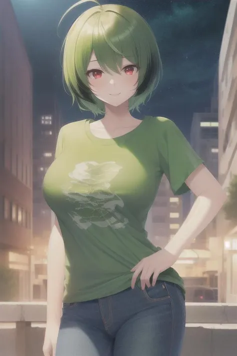 best quality,highly detailed,ultra-detailed,masterpiece,illustration,beautiful detailed eyes, Anime, Moe,game cg,(((illustration))), solo, 1girl,
((red eyes)),(((green hair))),((((very short hair)))),long ahoge, ((((asymmetrical flipped hair)))),((seductive smile)), spiked bangs,(((asymmetrical hair))),(white skin), (((shiny skin))),((perky breasts)), large breasts, light blush,
((((green t-shirt)))), ((half-jean)), (((night))),high-rise building,