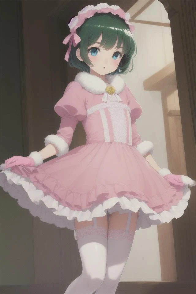 best quality,highly detailed,ultra-detailed,masterpiece,illustration,beautiful detailed eyes, Anime, Moe,(((illustration))), (((solo))), ((1boy)), children body, toddler body, Futanari, Otoko no Ko, ((Incubus)),
((deepblue eyes)),(((darkgreen hair))),((((very short hair)))),[[white skin]],(((shiny skin))), ((flat chest)), light blush,
scarf, fur trim, ((Sweet ta)),ballgown, puffy sleeves,(((pink dress))),(crinoline dress), garter belt, stripe thighhighs, ankle boots, gloves,
