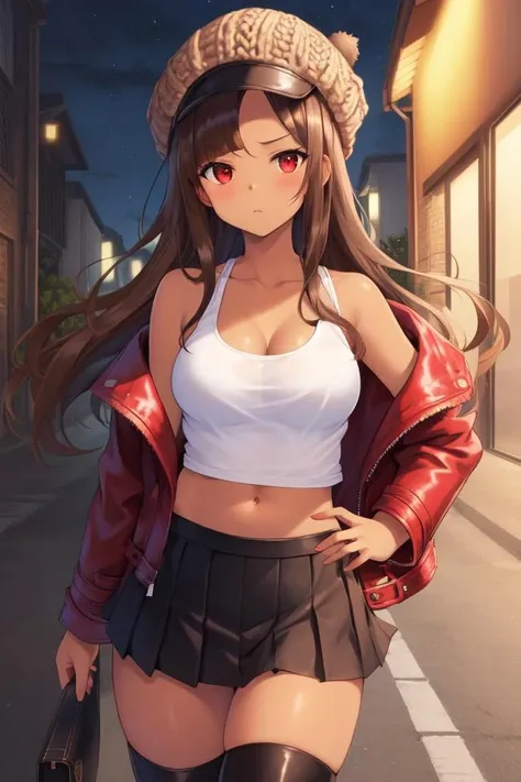 beautiful detailed eyes, Anime, Moe,(((illustration))), solo, 1girl,((red eyes)),(((Brown hair))),((((long hair)))), (((((asymmetrical bangs))))),scowl,stare, tareme, perky breasts, thick thigh, (((((brown skin))))), ((Newsboy hat)), ((((red leather jacket)))), ((black pleated skirt)), thighhighs,knee boots, (((tank top))),alley,((night)),covered navel,