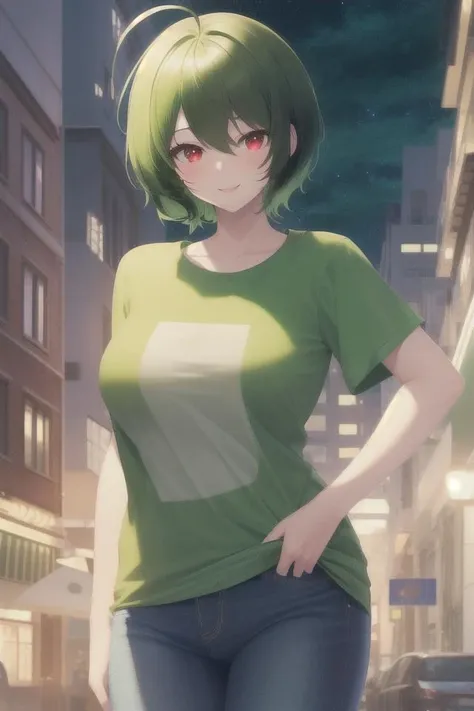 best quality,highly detailed,ultra-detailed,masterpiece,illustration,beautiful detailed eyes, Anime, Moe,game cg,(((illustration))), solo, 1girl,
((red eyes)),(((green hair))),((((very short hair)))),long ahoge, ((((asymmetrical flipped hair)))),((seductive smile)), spiked bangs,(((asymmetrical hair))),(white skin), (((shiny skin))),((perky breasts)), large breasts, light blush,
((((green t-shirt)))), ((half-jean)), (((night))),high-rise building,