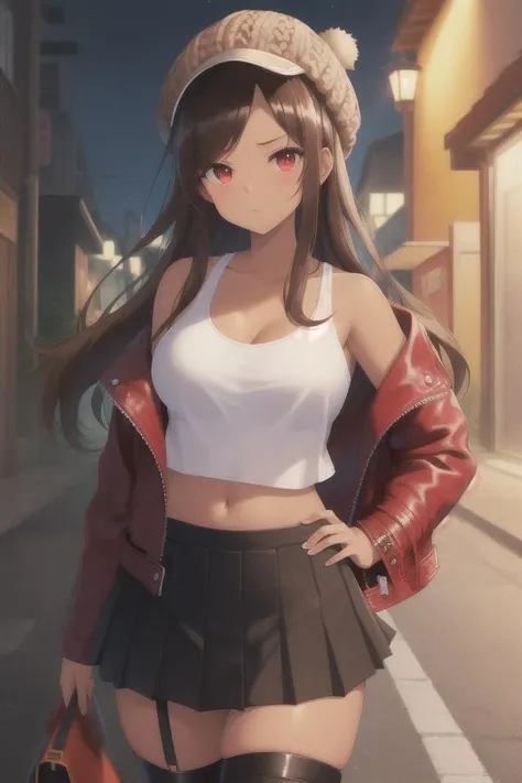 beautiful detailed eyes, Anime, Moe,(((illustration))), solo, 1girl,((red eyes)),(((Brown hair))),((((long hair)))), (((((asymmetrical bangs))))),scowl,stare, tareme, perky breasts, thick thigh, (((((brown skin))))), ((Newsboy hat)), ((((red leather jacket)))), ((black pleated skirt)), thighhighs,knee boots, (((tank top))),alley,((night)),covered navel,