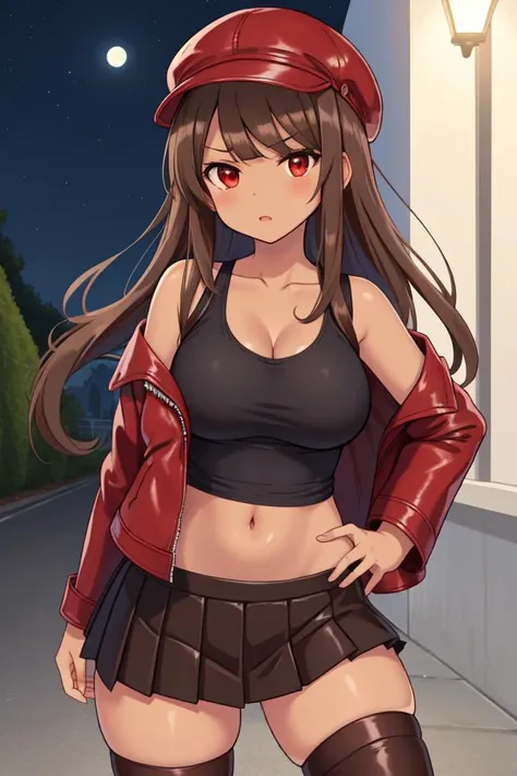 beautiful detailed eyes, Anime, Moe,(((illustration))), solo, 1girl,((red eyes)),(((Brown hair))),((((long hair)))), (((((asymmetrical bangs))))),scowl,stare, tareme, perky breasts, thick thigh, (((((brown skin))))), ((Newsboy hat)), ((((red leather jacket)))), ((black pleated skirt)), thighhighs,knee boots, (((tank top))),alley,((night)),covered navel,