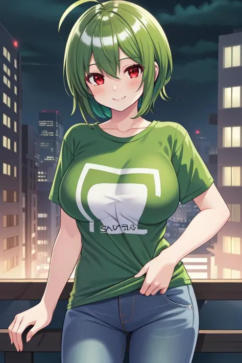 best quality,highly detailed,ultra-detailed,masterpiece,illustration,beautiful detailed eyes, Anime, Moe,game cg,(((illustration))), solo, 1girl,
((red eyes)),(((green hair))),((((very short hair)))),long ahoge, ((((asymmetrical flipped hair)))),((seductive smile)), spiked bangs,(((asymmetrical hair))),(white skin), (((shiny skin))),((perky breasts)), large breasts, light blush,
((((green t-shirt)))), ((half-jean)), (((night))),high-rise building,