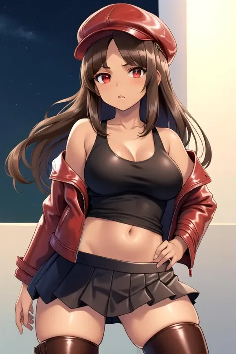 beautiful detailed eyes, Anime, Moe,(((illustration))), solo, 1girl,((red eyes)),(((Brown hair))),((((long hair)))), (((((asymmetrical bangs))))),scowl,stare, tareme, perky breasts, thick thigh, (((((brown skin))))), ((Newsboy hat)), ((((red leather jacket)))), ((black pleated skirt)), thighhighs,knee boots, (((tank top))),alley,((night)),covered navel,