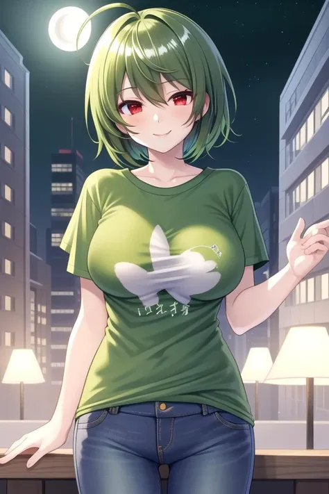 best quality,highly detailed,ultra-detailed,masterpiece,illustration,beautiful detailed eyes, Anime, Moe,game cg,(((illustration))), solo, 1girl,
((red eyes)),(((green hair))),((((very short hair)))),long ahoge, ((((asymmetrical flipped hair)))),((seductive smile)), spiked bangs,(((asymmetrical hair))),(white skin), (((shiny skin))),((perky breasts)), large breasts, light blush,
((((green t-shirt)))), ((half-jean)), (((night))),high-rise building,