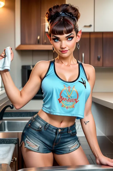 photo of a sultry (vulcan:1.3) vixen (wearing a tanktop and cut-off shorts) while washing the dishes, (highly detailed face, natural skin texture), sharp focus, hdr, 4k, best quality, absurdres, by holly randall, fujifilm xt3, r/toocuteforporn