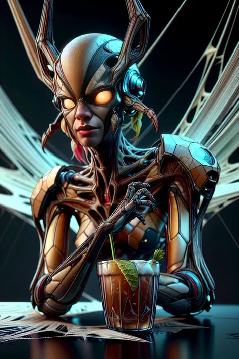 <lora:WebbedTech-20:.8>, webbedtech, scifi, fuzzy organic webs, caesar (drink),