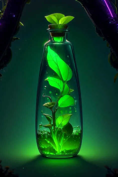 <lora:BiophyllTech:.8> BiophyllTech, scifi, bioluminescent, a green potion, bottle ,