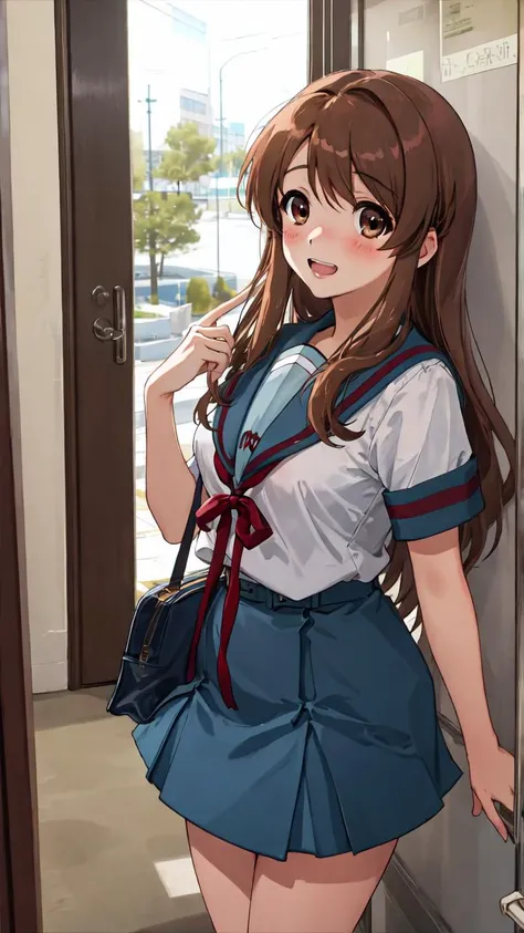 lumen reflections, natural lighting, evocative, triadic color scheme, cowboy shot, elegant, voluptuous:0.6, looking at viewer, 1girl, female, solo, blush, open mouth, smile, teeth, sfw, <lora:asahina_mikuru_v1:1>, mikuru1, asahina mikuru, blue sailor collar, blue skirt, brown eyes, brown hair, kita high school uniform, long hair, red ribbon, ribbon on collar, sailor collar, school uniform, serafuku, loafers, brown loafers, skirt, socks, white socks, short socks