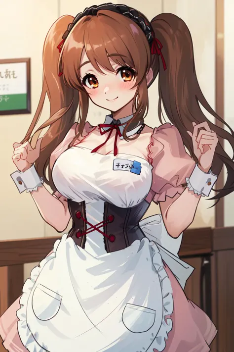 1girl, solo, mikuru1, asahina mikuru, twintails, solo, large breasts, apron, puffy short sleeves, (name tag:0.9), long hair, corset, waitress, white apron, wrist cuffs, pink dress, frills, bangs, maid, ribbon, blush, smile, cafe, <lora:asahina_mikuru_v1:0.8>