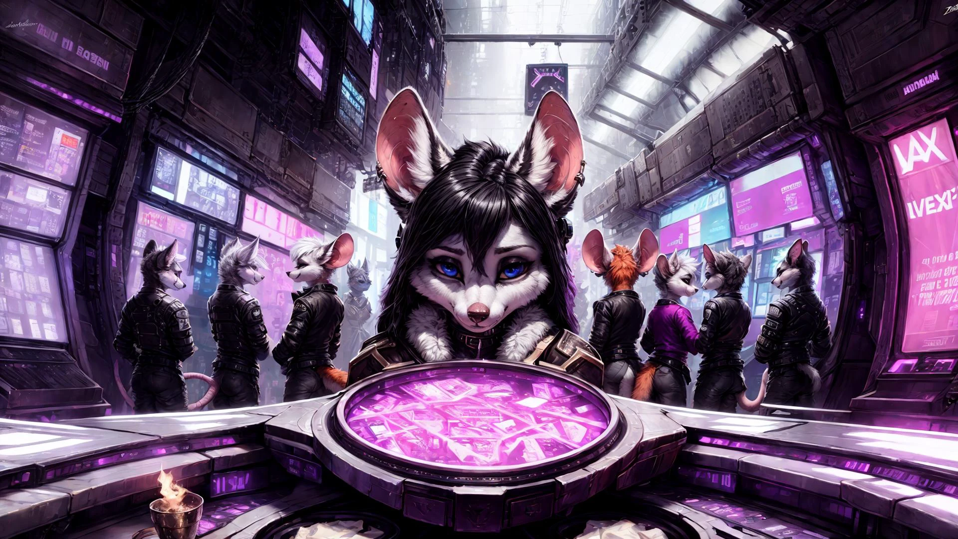 <lora:add_detail:0.8>, <lora:astronomy_wallpapers01:1>, detailed background cyberpunk, masterpiece, detailed, colors(black and white:1.2)and violet, scene, portrait, face closeup, mouse, realistic fur, detailed eyes, <lora:gachaSplashLORA_v40:1>, (paloma_paloma, foxovh, einshelm, silverfox5213, Avante92, Seioh, Daxxy, Shadman, Zonkpunch, Cutesexyrobutts)