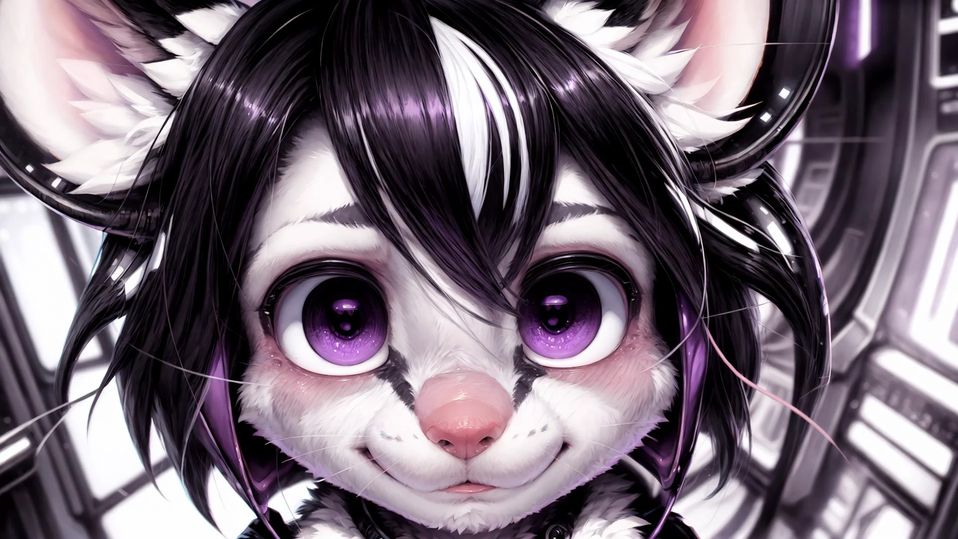 <lora:add_detail:0.8>, <lora:astronomy_wallpapers01:1>, detailed background cyberpunk, masterpiece, detailed, colors(black and white:1.2)and violet, scene, portrait, face closeup, mouse, realistic fur, detailed eyes, <lora:gachaSplashLORA_v40:1>, [by dagasi|ancesra:0.6], [by foxovh|personalami:1.1], [by einshelm|tom_fischbach]