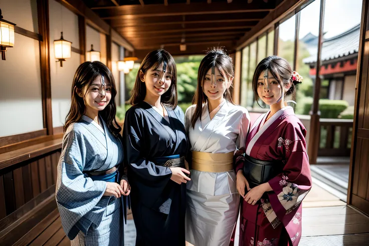 (8k, best quality, masterpiece, ultra highres, ultra-detailed:1.2) , Photo of Pretty Japanese girls,view from front,(best quality),(upper-body-shot:1)
(in front of event hall:1.3),(outdoor:1.2),wearing kimono,(midnoon:1.2),natural lighting,
((3girls:1.3)),((multiple girls)),Japanese,20years old,cute face,medium breasts, smirk,
,(detailed face:1.2) ,<lora:more_details:0.8> <lora:Kimonos:0.5> <lora:harem_4:1>