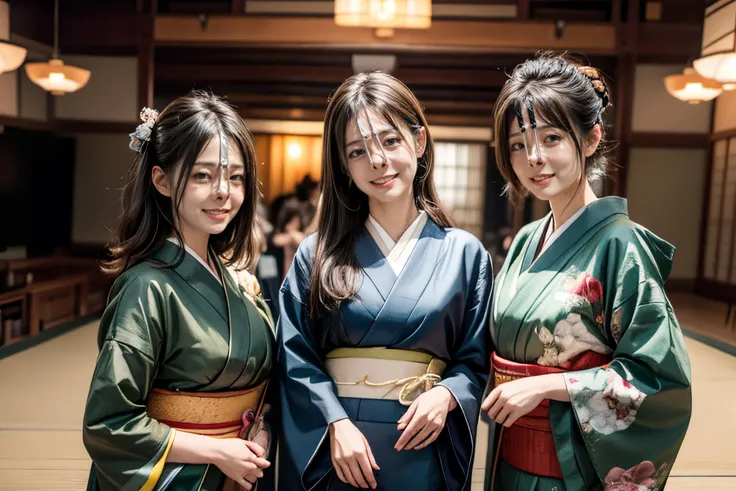 (8k, best quality, masterpiece, ultra highres, ultra-detailed:1.2) ,group photo of pretty Japanese girls,view from front,(best quality),(upper-body-shot:1)
(in event hall:1.3),(party:1.2),wearing kimono,natural lighting,
((3girls:1.3)),((multiple girls)),Japanese,20years old,cute face,medium breasts, smirk,
,(detailed face:1.2) ,<lora:more_details:0.8> <lora:Kimonos:0.5>