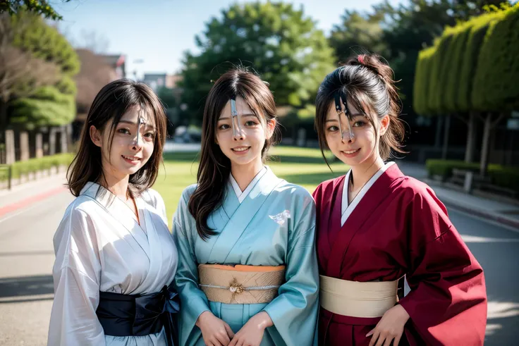 (8k, best quality, masterpiece, ultra highres, ultra-detailed:1.2) , Photo of Pretty Japanese girls,view from front,(best quality),(upper-body-shot:1)
(in front of event hall:1.3),(outdoor:1.2),wearing kimono,(midnoon:1.2),natural lighting,
((3girls:1.3)),((multiple girls)),Japanese,20years old,cute face,medium breasts, smirk,
,(detailed face:1.2) ,<lora:more_details:0.8> <lora:Kimonos:0.5> <lora:harem_4:1>