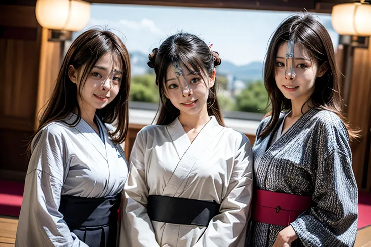 (8k, best quality, masterpiece, ultra highres, ultra-detailed:1.2) , Photo of Pretty Japanese girls,view from front,(best quality),(upper-body-shot:1)
(in front of event hall:1.3),(outdoor:1.2),wearing kimono,(midnoon:1.2),natural lighting,
((3girls:1.3)),((multiple girls)),Japanese,20years old,cute face,medium breasts, smirk,
,(detailed face:1.2) ,<lora:more_details:0.8> <lora:Kimonos:0.5> <lora:harem_4:1>